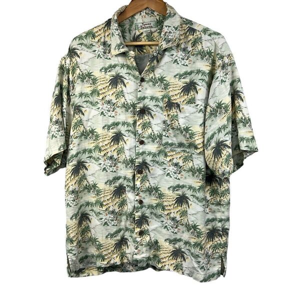 Tommy Bahama Vintage 100% Silk Hawaiian Shirt L Floral Aloha Palm Tree - Picture 1 of 15